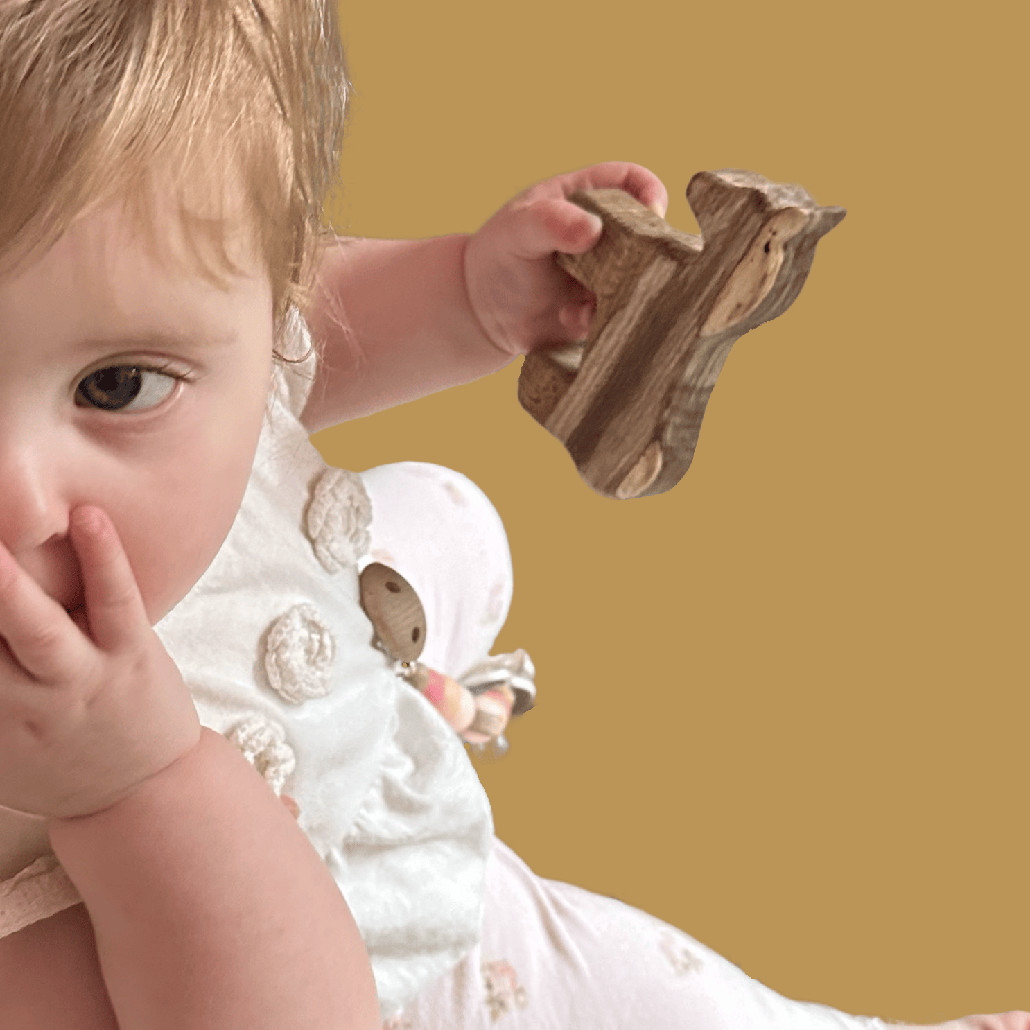 Toddler holding wooden horse
