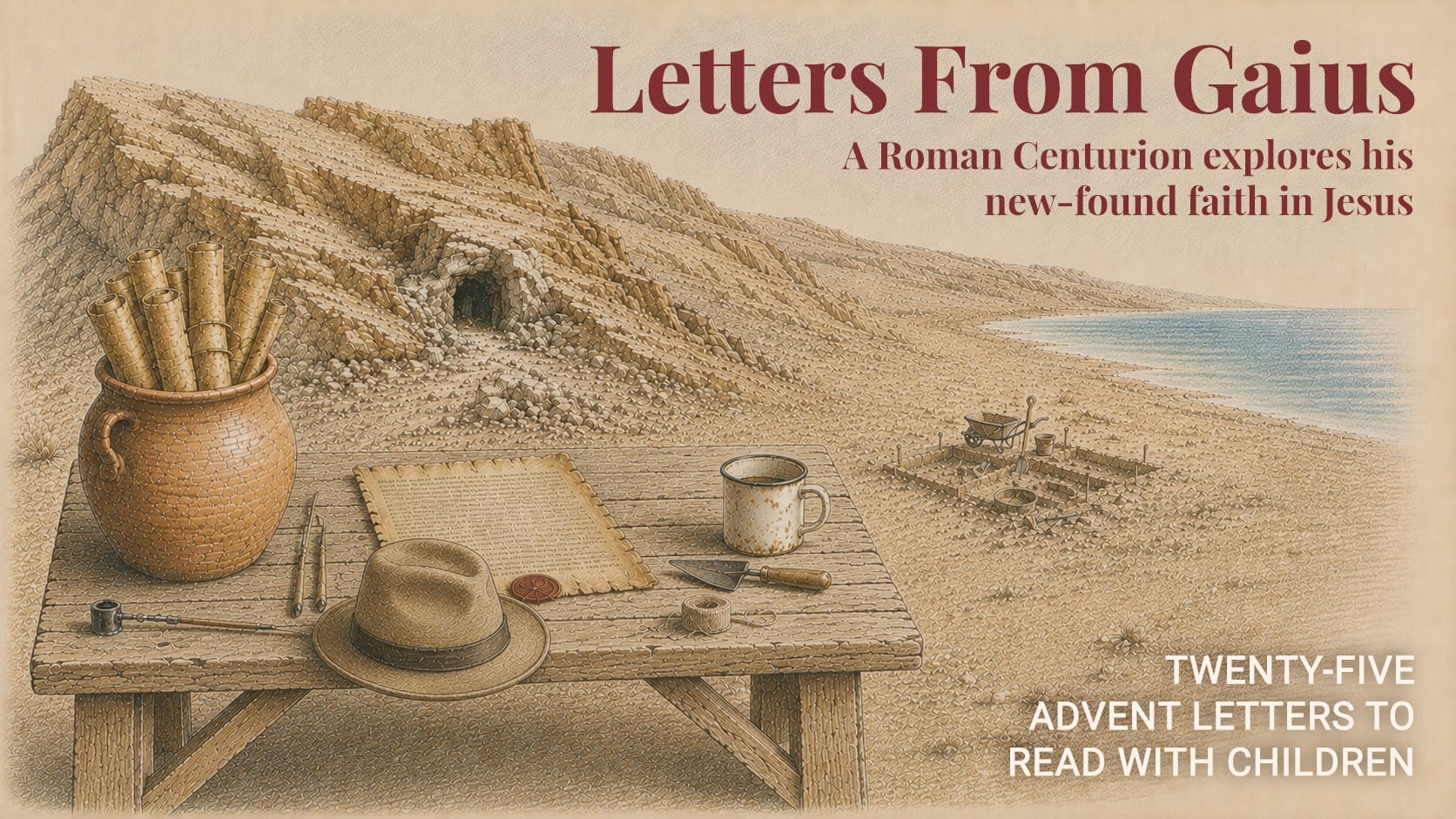 Pencil drawing of an archaeological excavation near the dead sea