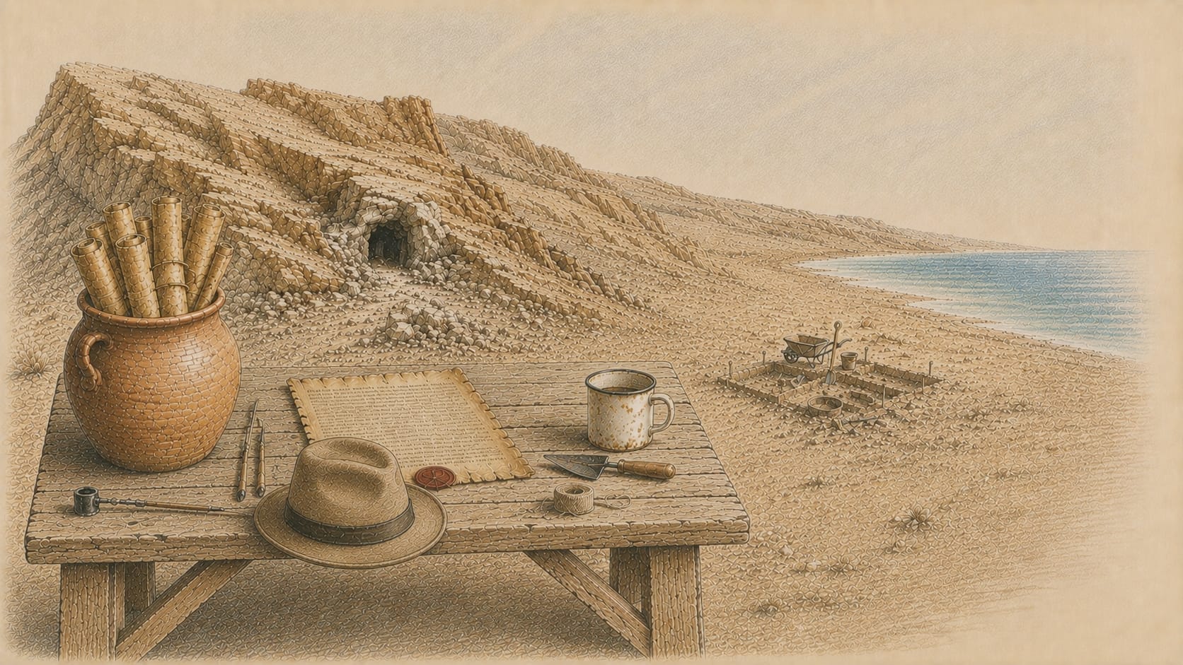 Pencil drawing of an archaeological excavation near the dead sea
