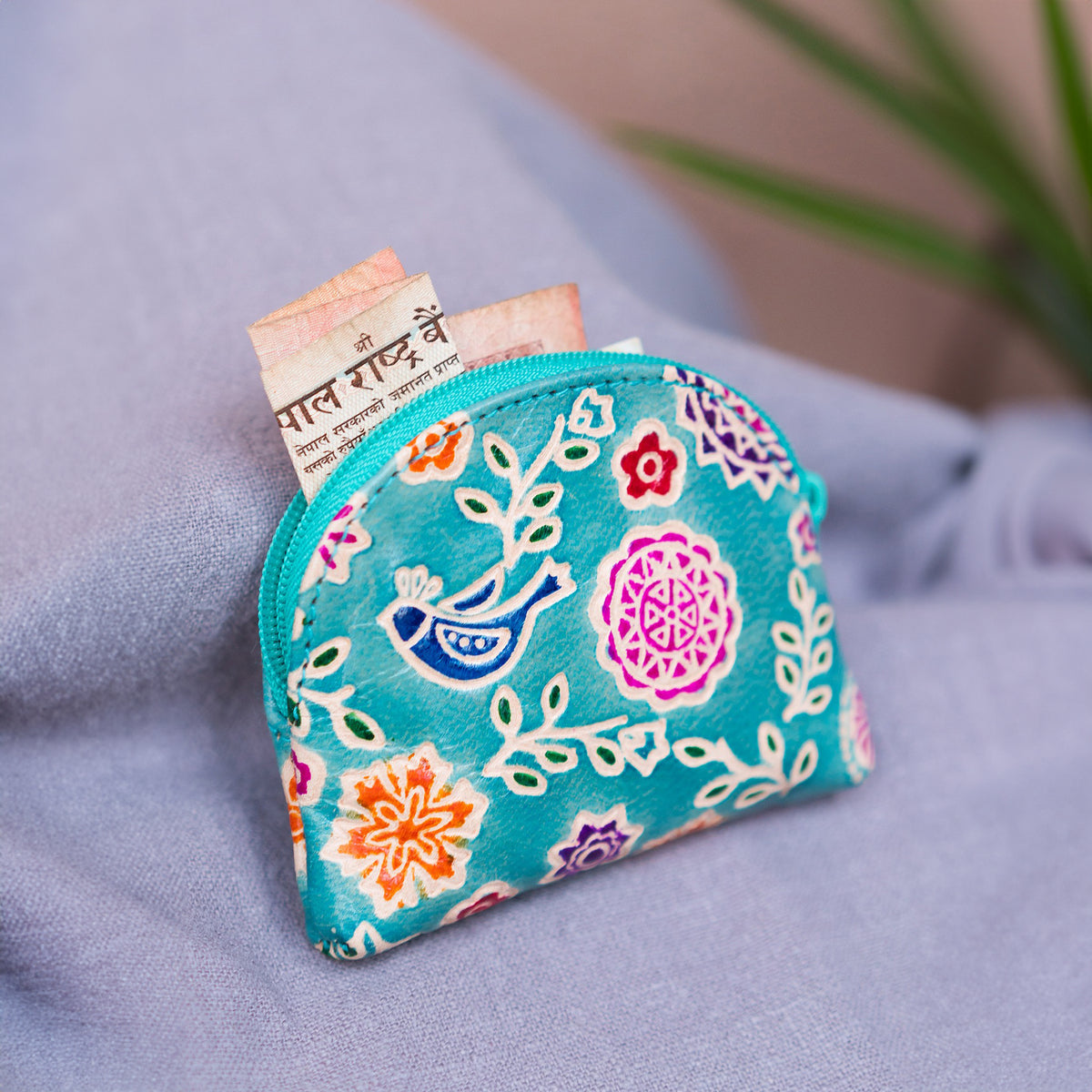 Floral Leather Mini Zip Coin Purse