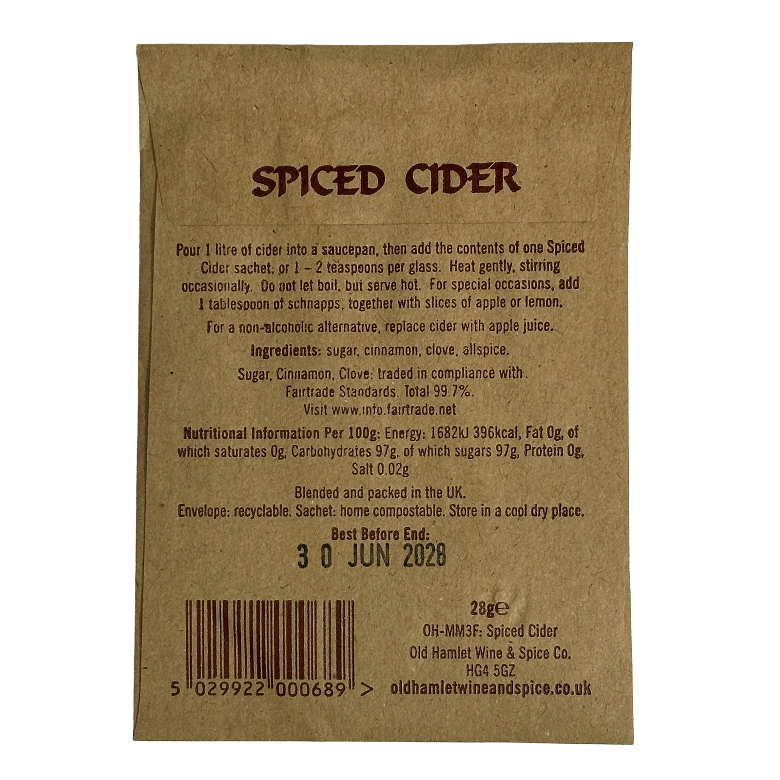 Fairtrade Spices For Hot Cider And Apple Juice - Single serving (1 Sachet)