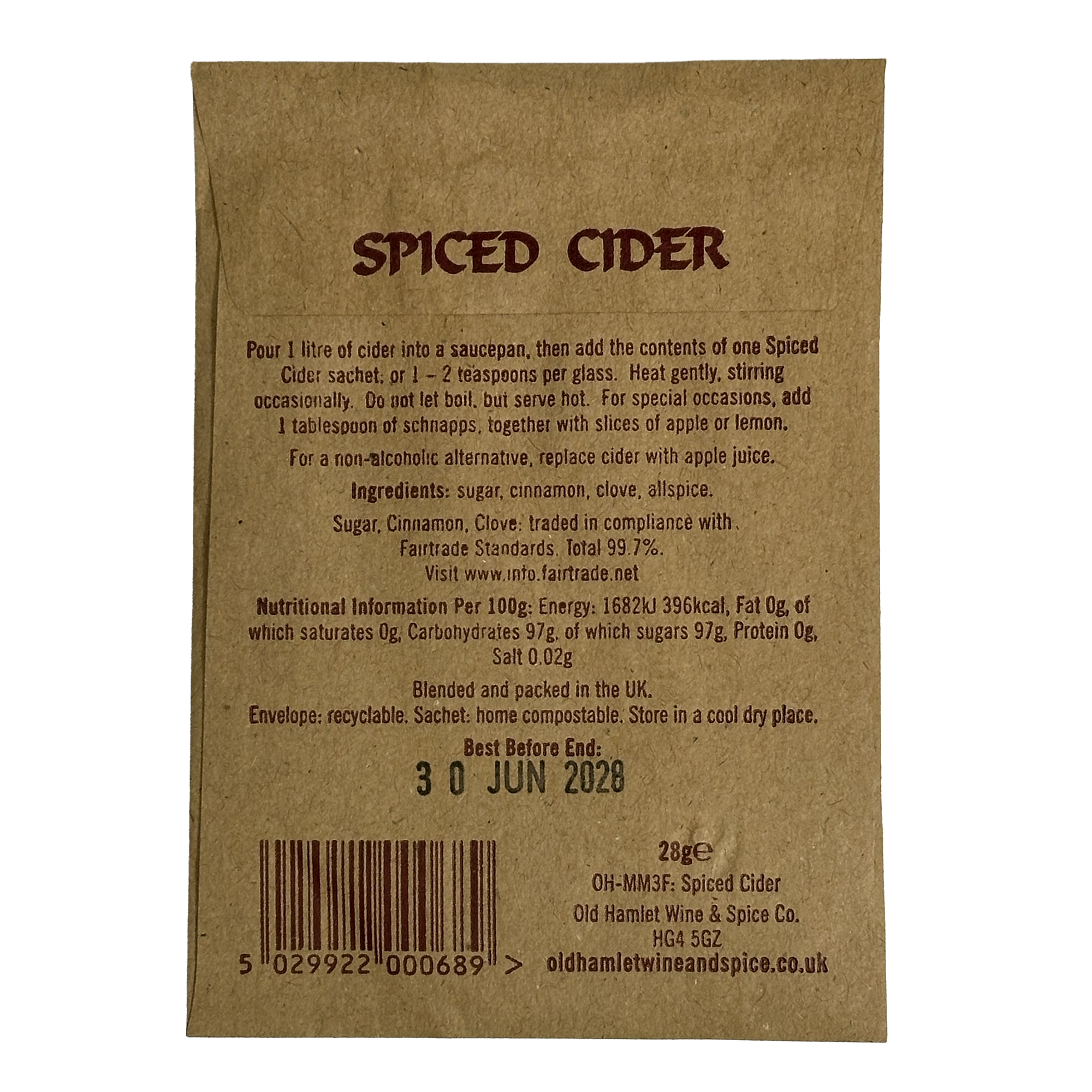 Fairtrade Spices For Hot Cider And Apple Juice - Single serving (1 Sachet)