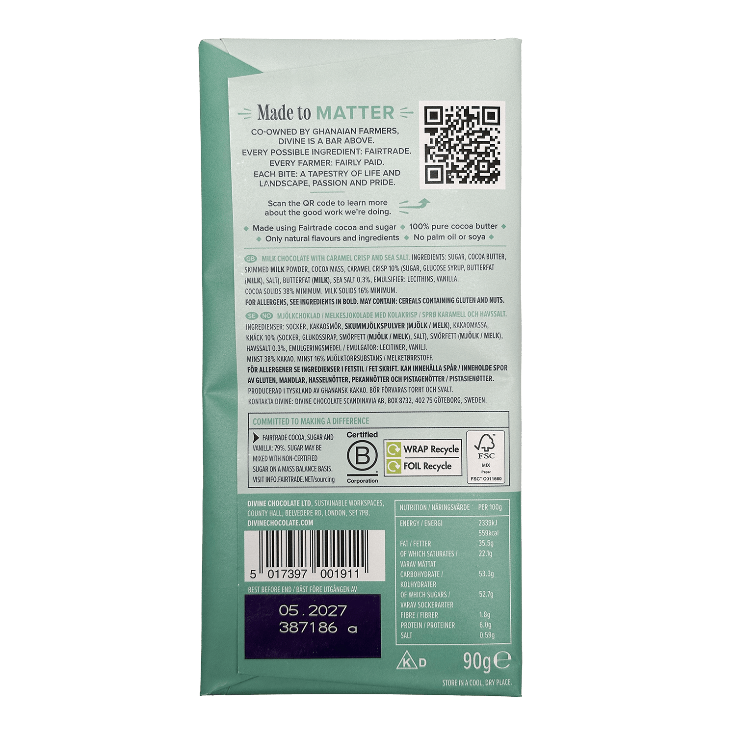 Divine Divine 38% Milk Chocolate with Salted Caramel Bar 90g