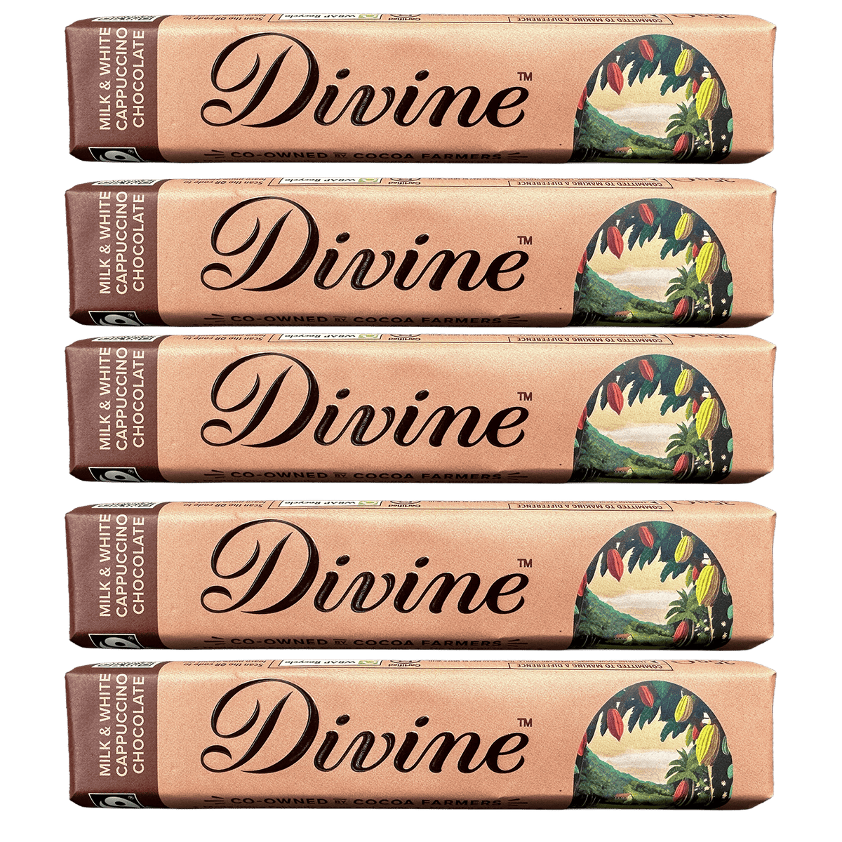 Divine Divine Chocolate milk &amp;  white Chocolate cappuccino 5x35g Bars | Fairtrade Vegan