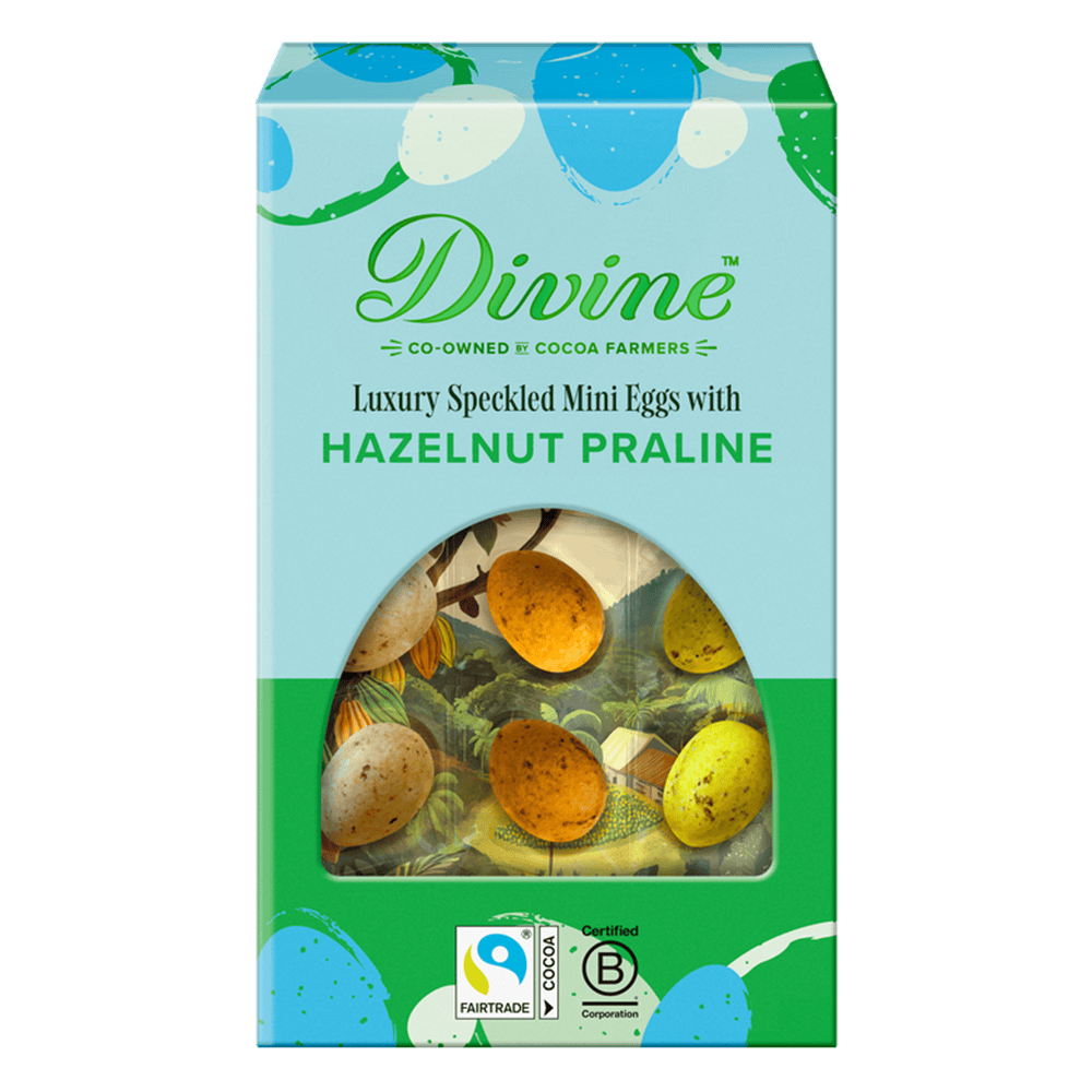 Divine Luxury Milk Chocolate Speckled Mini Easter Eggs with Hazelnut Praline 150g | Fairtrade