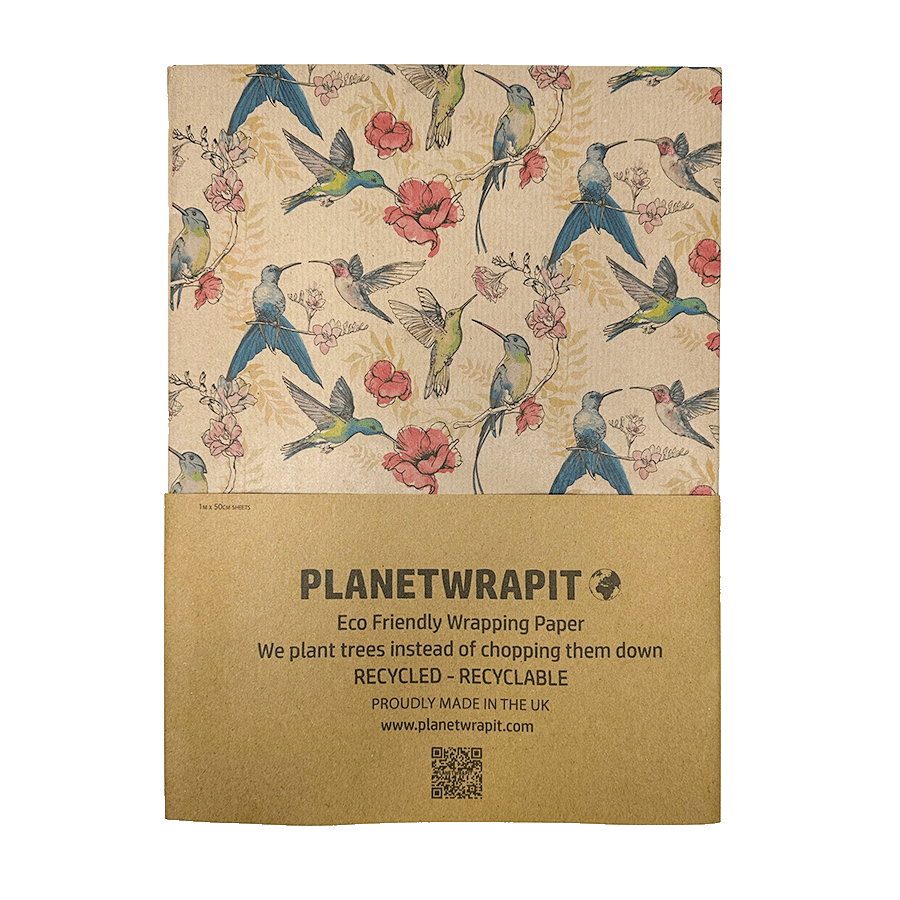 PlanetWrapIt Hummingbird Recycled Kraft Wrapping Paper Gift Wrap (1m x 50cm)
